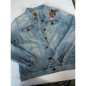 Sanctuary Womens Embroidered Denim Jacket Light Wash Floral Hummingbird S